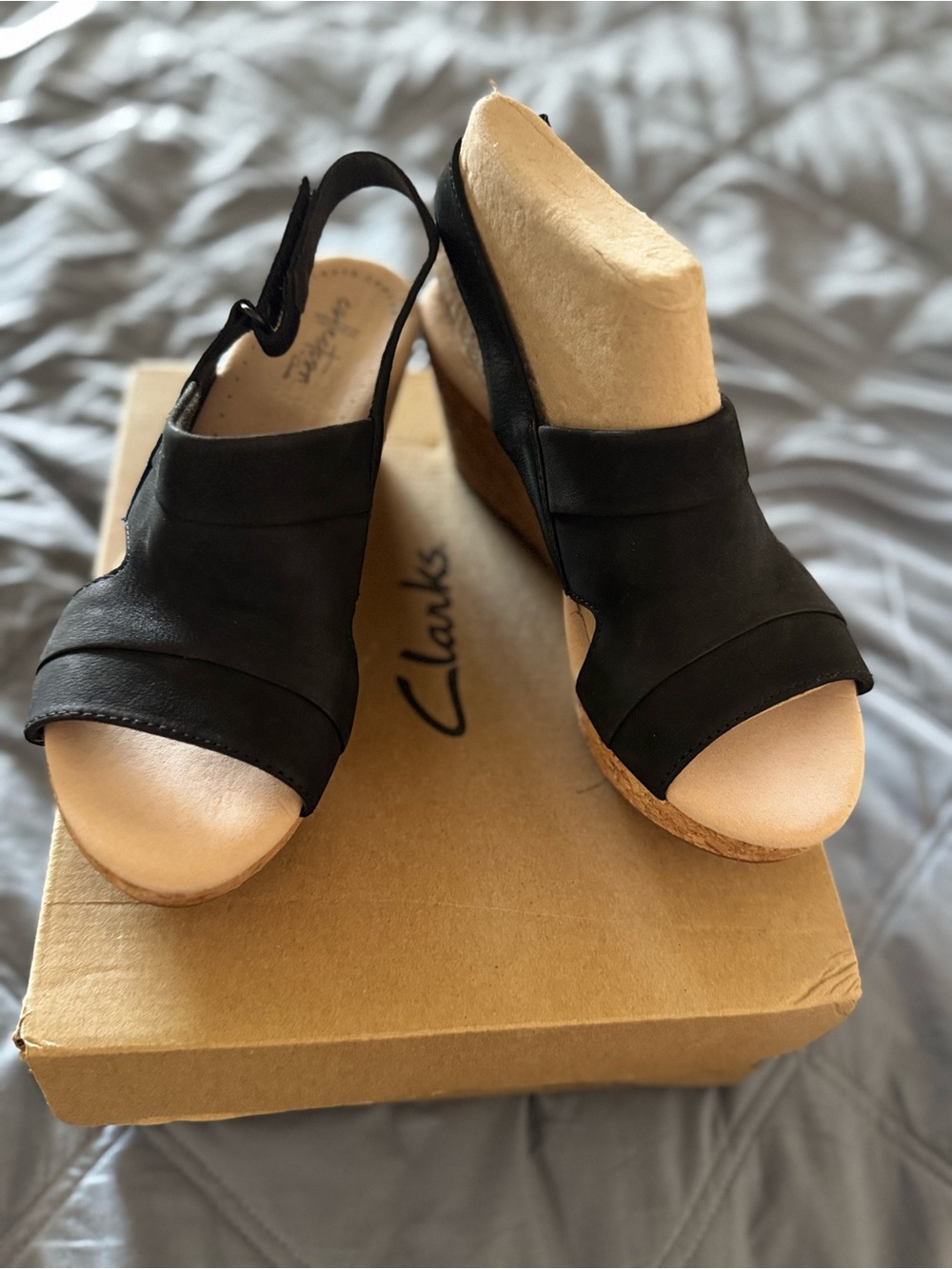 Clarks Black Leather Open-Toe Wedge Sandals